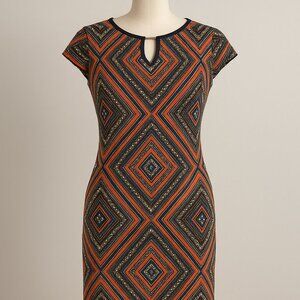 Signature by Camryn Geometric Sheath Dress Size 12 Orange Navy Gold Bar Detail